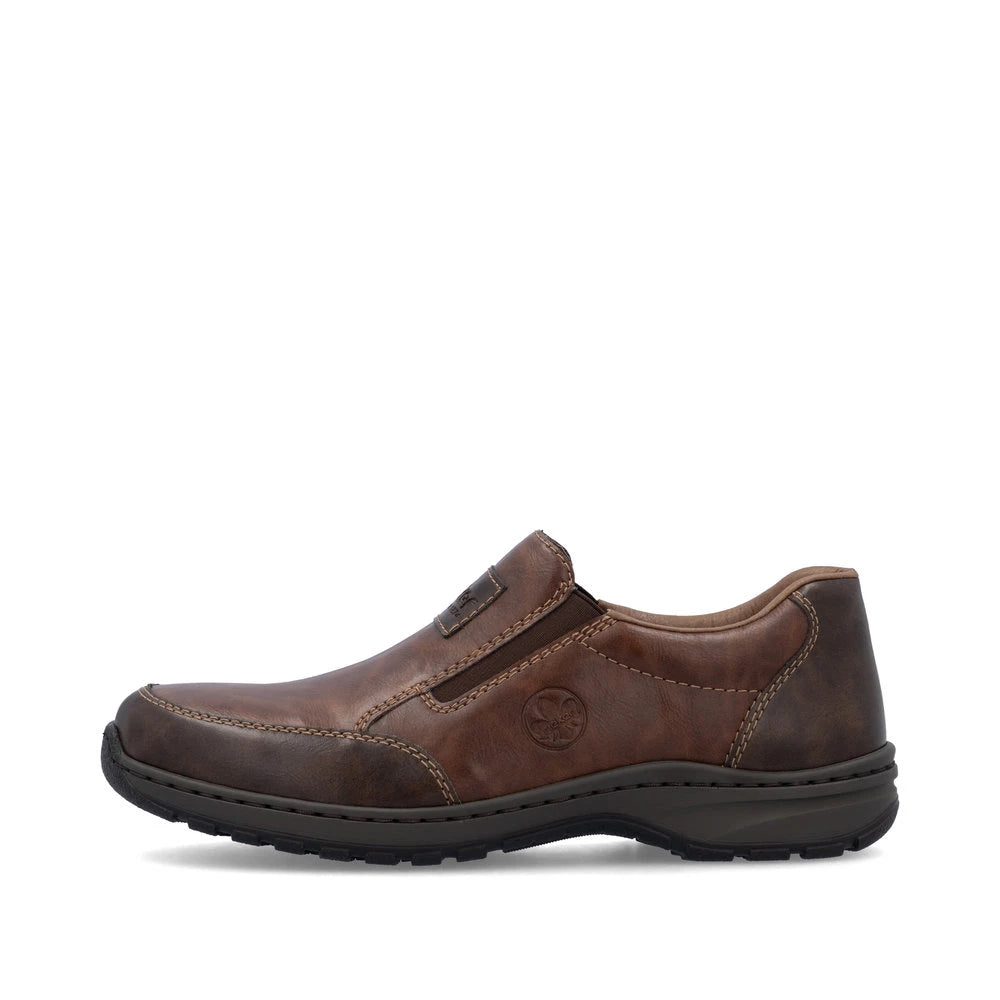 Rieker 03354-26 men's brown leather slip on shoes, inner side view.