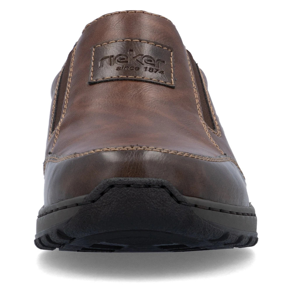 Rieker 03354-26 men's brown leather slip on shoes, front view.