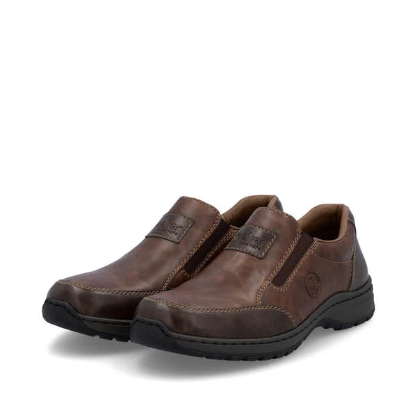 Rieker 03354-26 men's brown leather slip on shoes, paired three-quarter view.