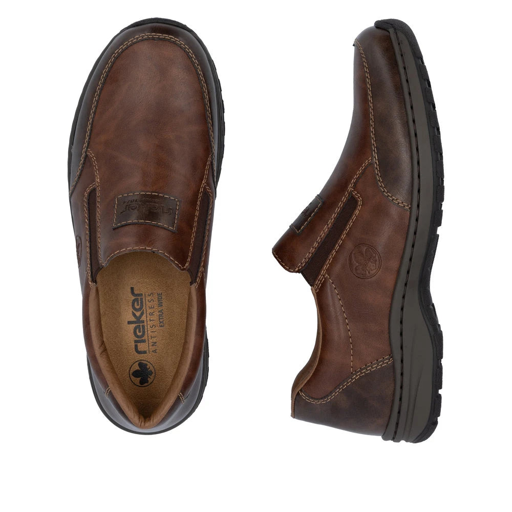 Rieker 03354-26 men's brown leather slip on shoes, two-angle product view.