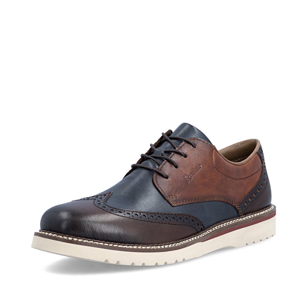 Rieker 04504-25 men's wide brown/navy leather lace up shoes, front three-quarter view.