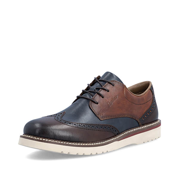 Rieker 04504-25 men's wide brown/navy leather lace up shoes, front three-quarter view.