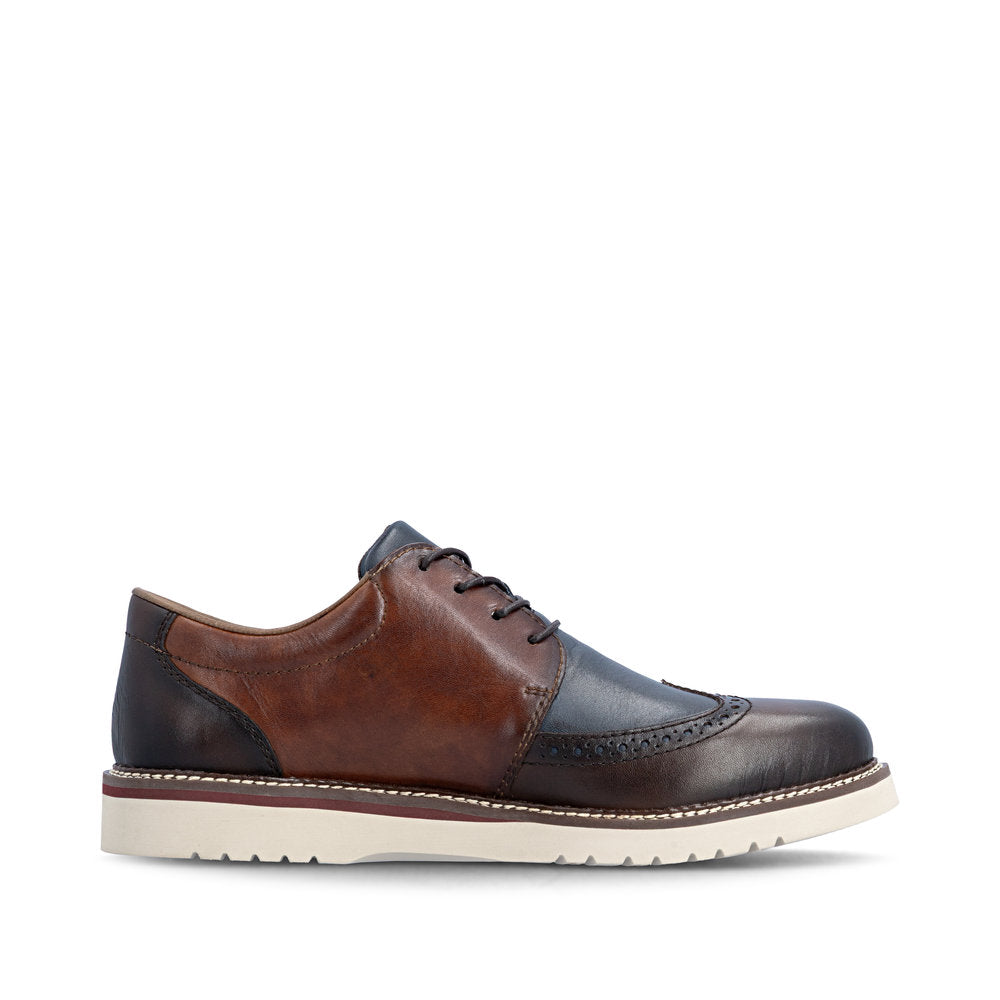 Rieker 04504-25 men's wide brown/navy leather lace up shoes, outer side view.