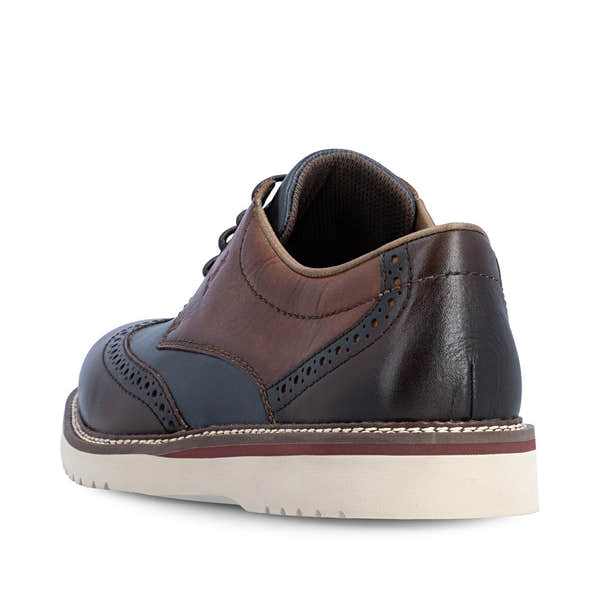 Rieker 04504-25 men's wide brown/navy leather lace up shoes, rear three-quarter view.