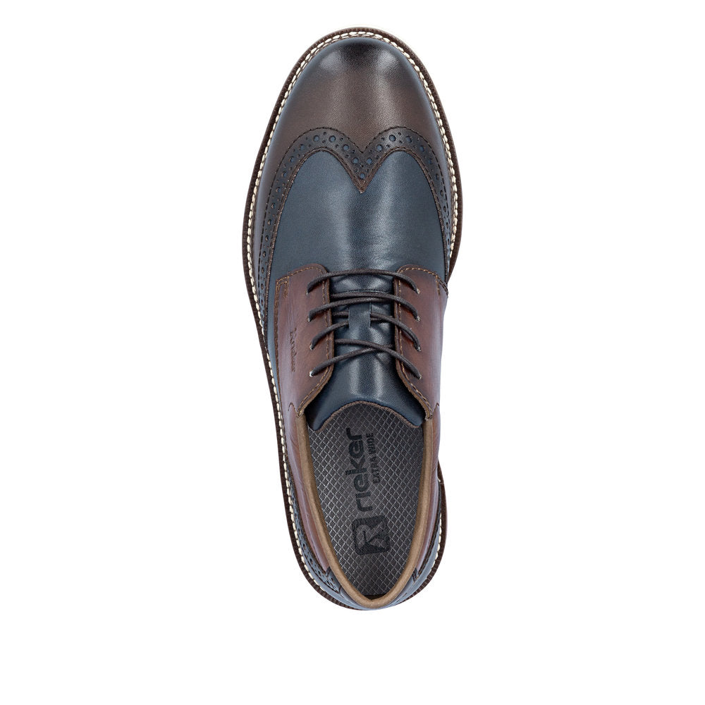 Rieker 04504-25 men's wide brown/navy leather lace up shoes, top view.