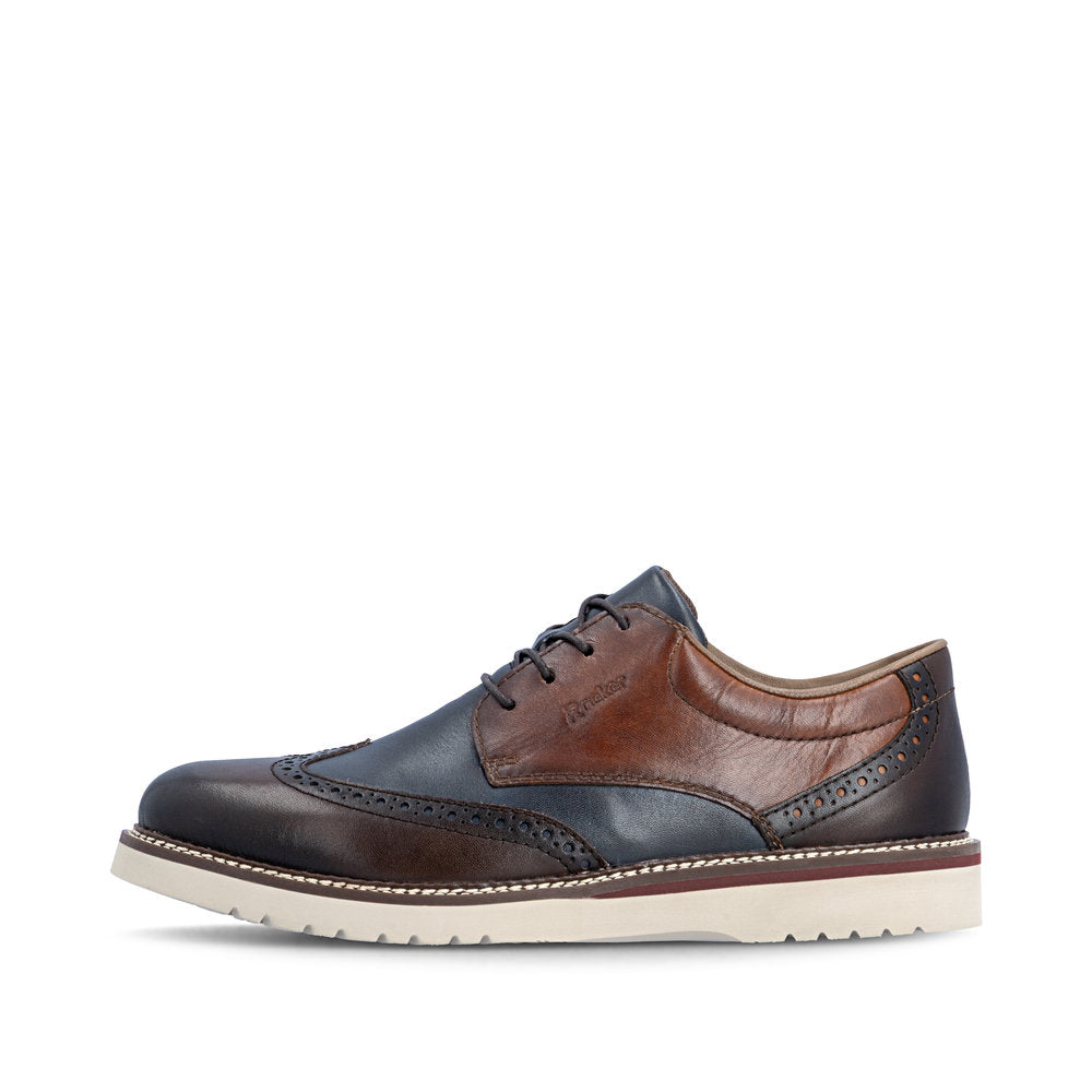 Rieker 04504-25 men's wide brown/navy leather lace up shoes, inner side view.