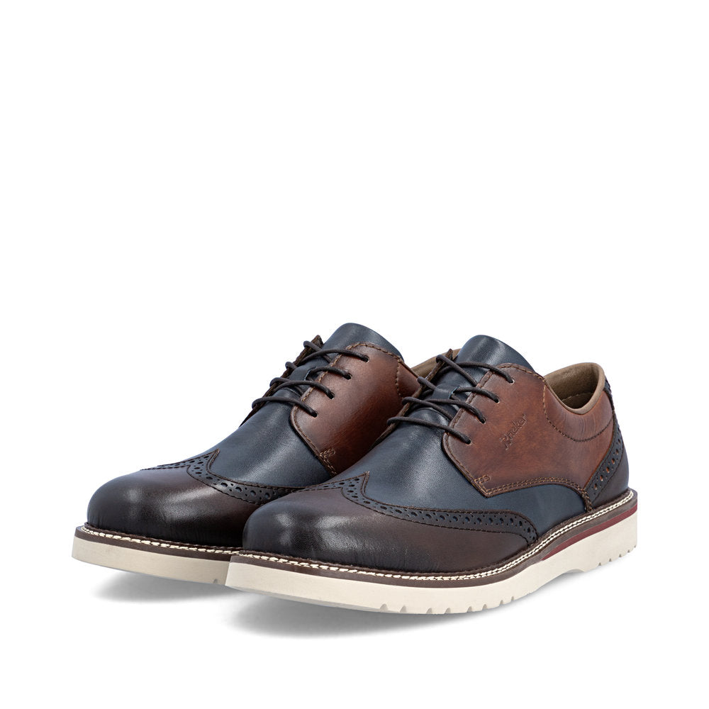 Rieker 04504-25 men's wide brown/navy leather lace up shoes, paired three-quarter view.