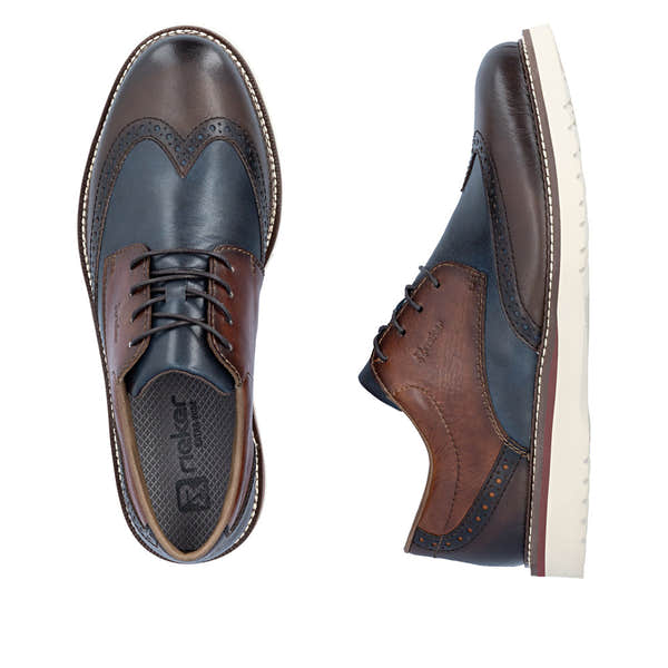 Rieker 04504-25 men's wide brown/navy leather lace up shoes, two-angle product view.