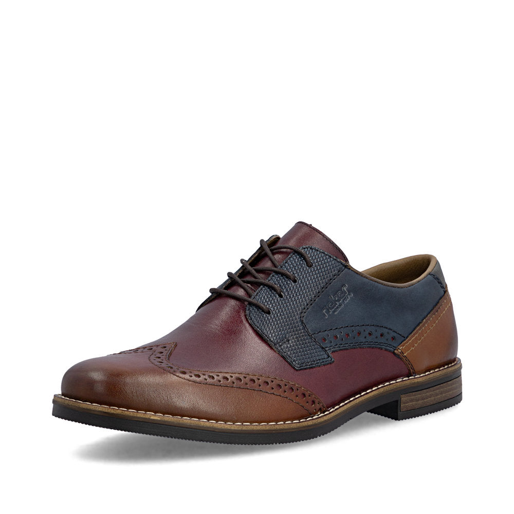 Rieker 13528-90 men's wide brown multi leather lace up shoes, front three-quarter view.