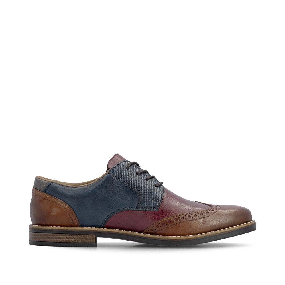 Rieker 13528-90 men's wide brown multi leather lace up shoes, outer side view.