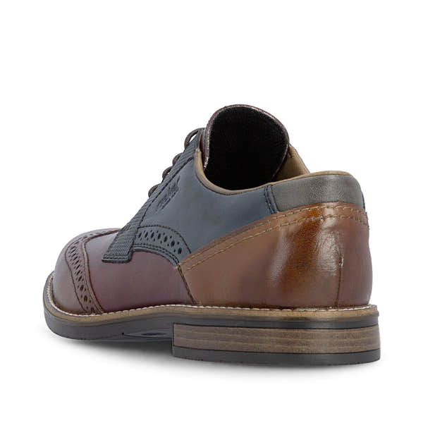 Rieker 13528-90 men's wide brown multi leather lace up shoes, rear three-quarter view.