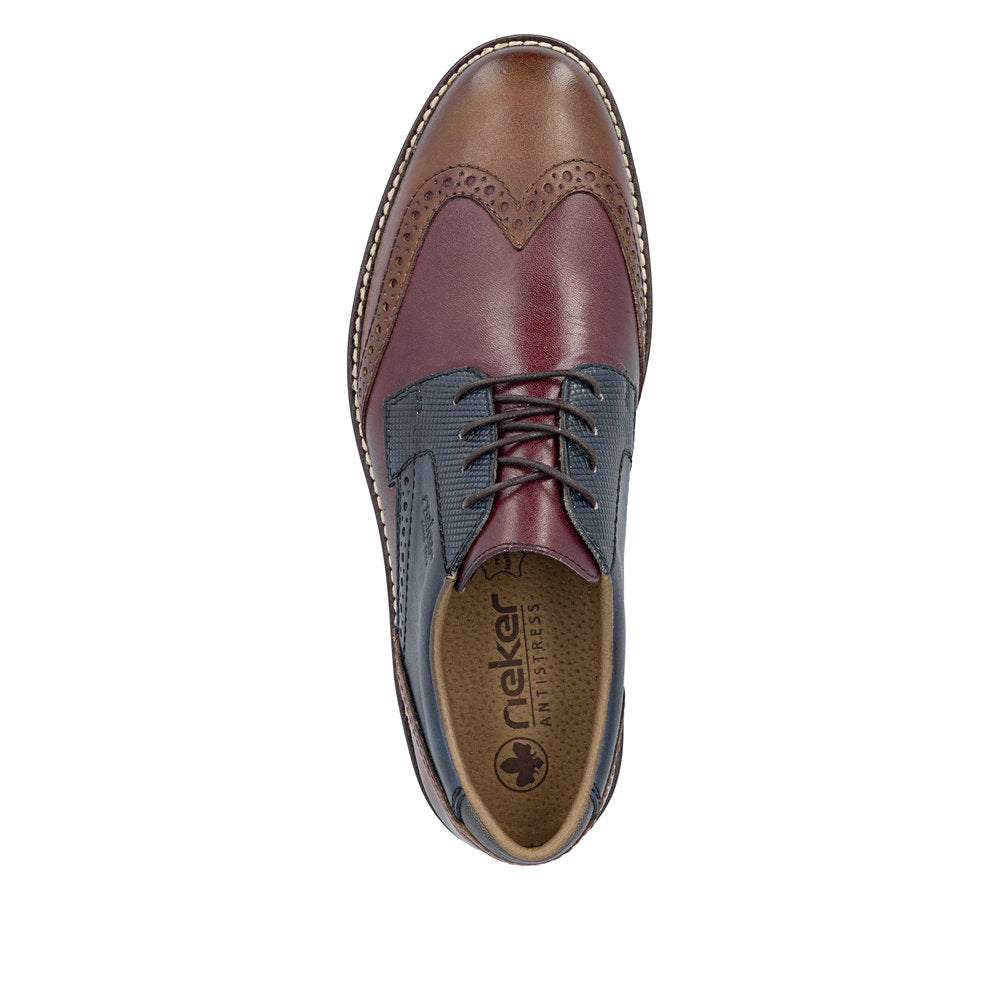 Rieker 13528-90 men's wide brown multi leather lace up shoes, top view.