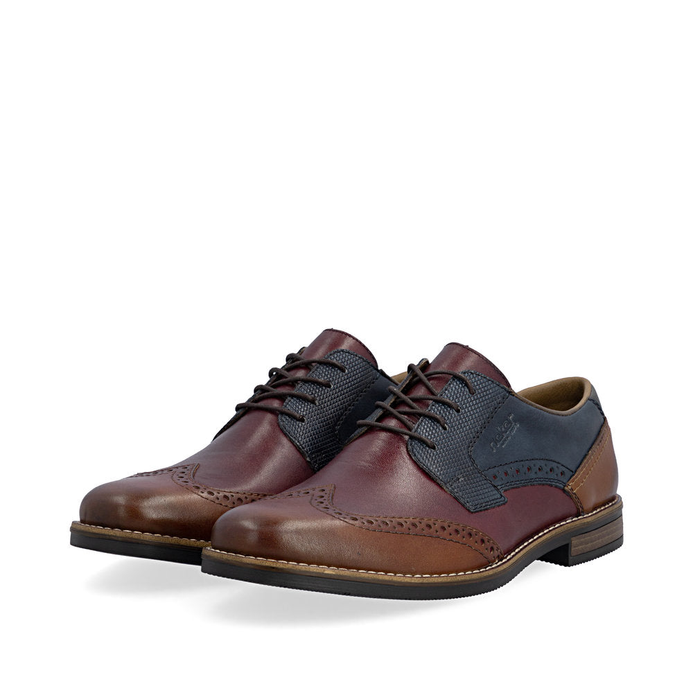 Rieker 13528-90 men's wide brown multi leather lace up shoes, paired three-quarter view.