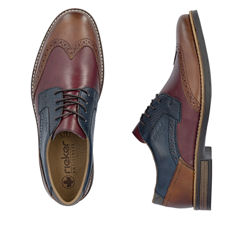 Rieker 13528-90 men's wide brown multi leather lace up shoes, two-angle product view.