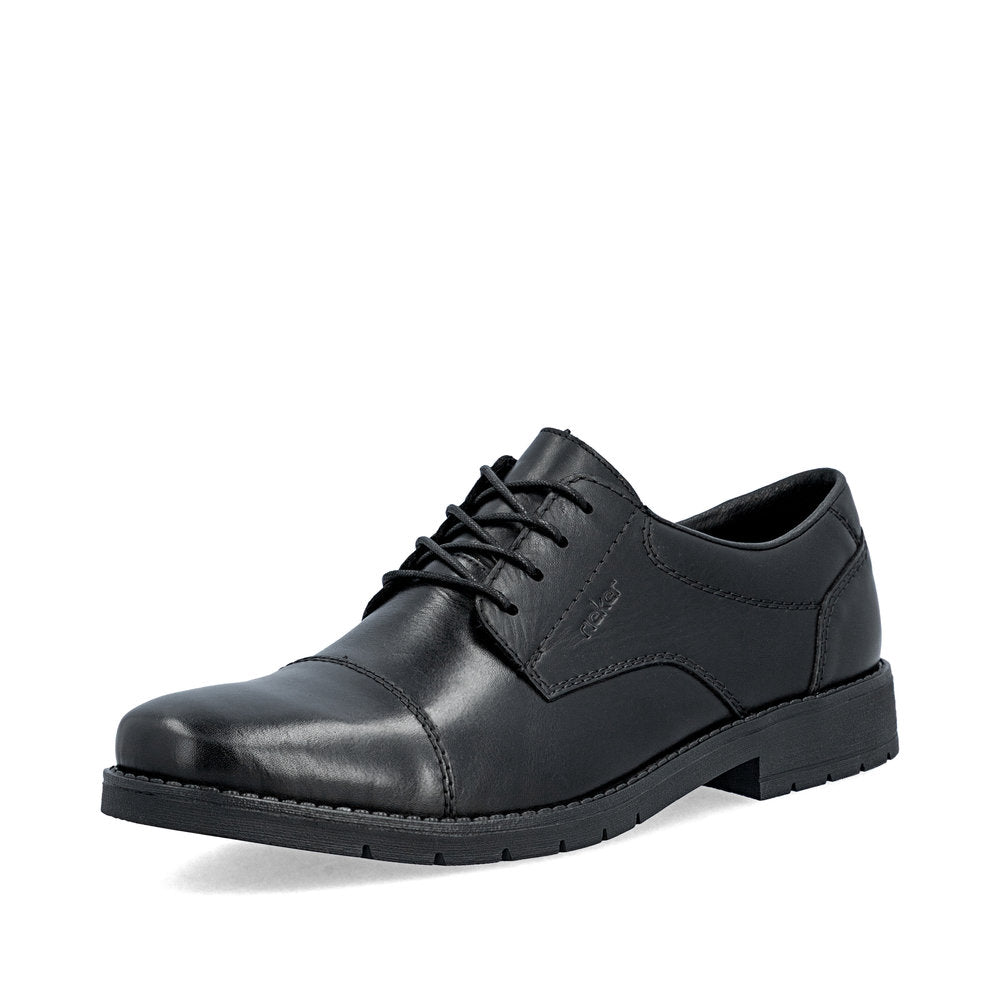 Rieker 13901-00 men's wide black leather lace up shoes, front three-quarter view.