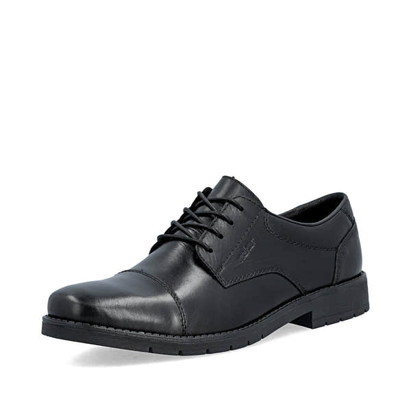 Rieker 13901-00 men's wide black leather lace up shoes, front three-quarter view.