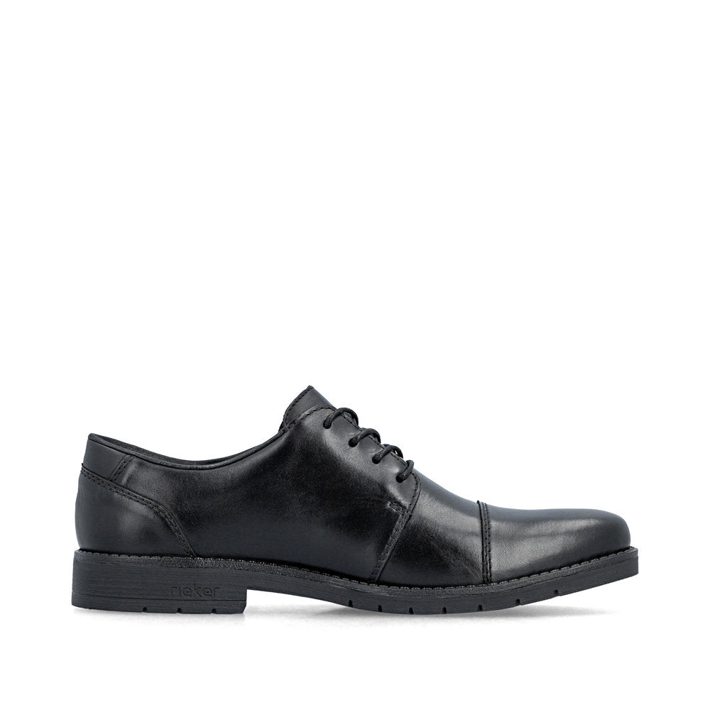 Rieker 13901-00 men's wide black leather lace up shoes, outer side view.