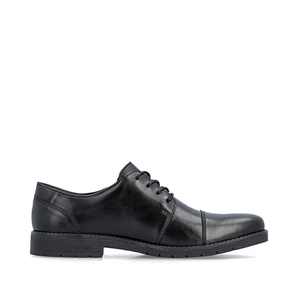 Rieker 13901-00 men's wide black leather lace up shoes, outer side view.