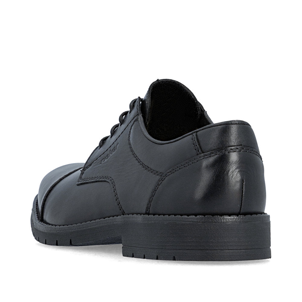 Rieker 13901-00 men's wide black leather lace up shoes, rear three-quarter view.