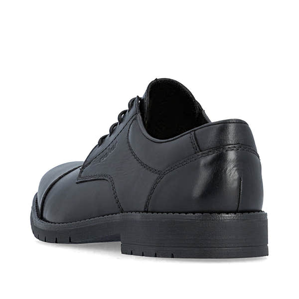 Rieker 13901-00 men's wide black leather lace up shoes, rear three-quarter view.