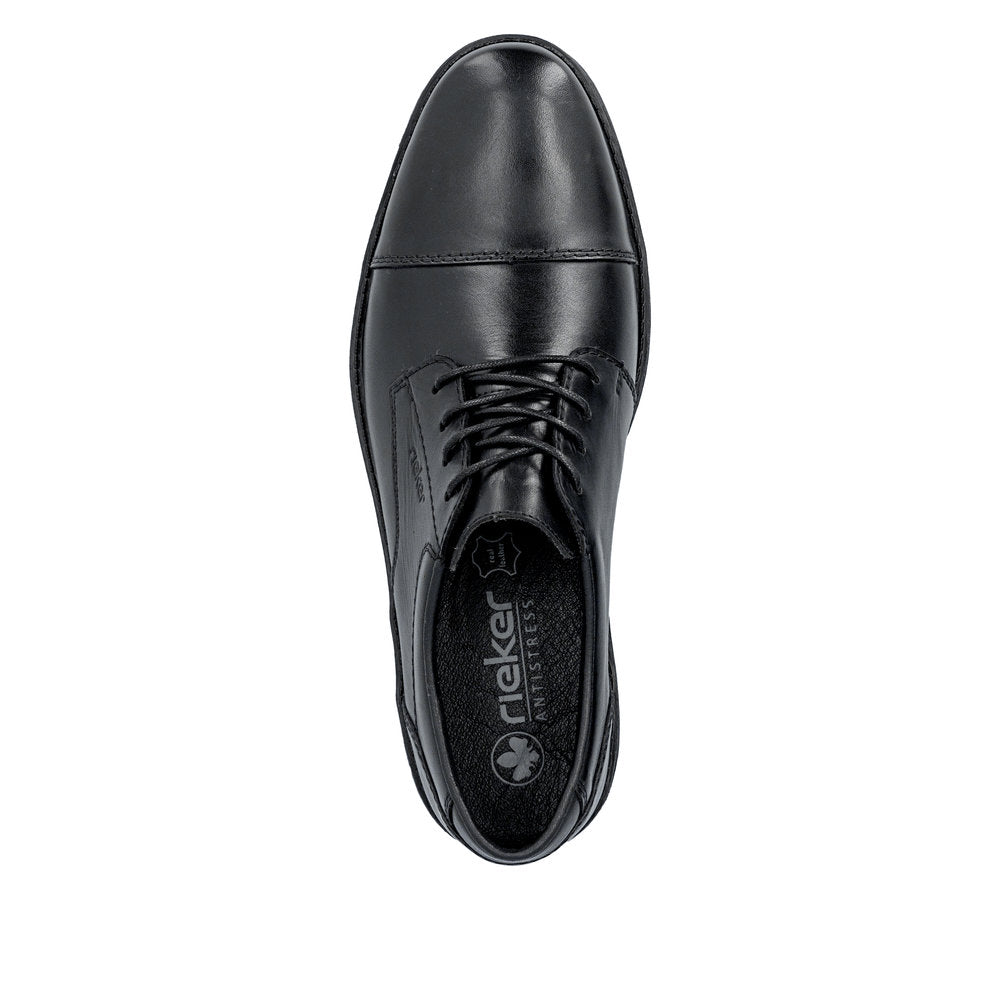 Rieker 13901-00 men's wide black leather lace up shoes, top view.