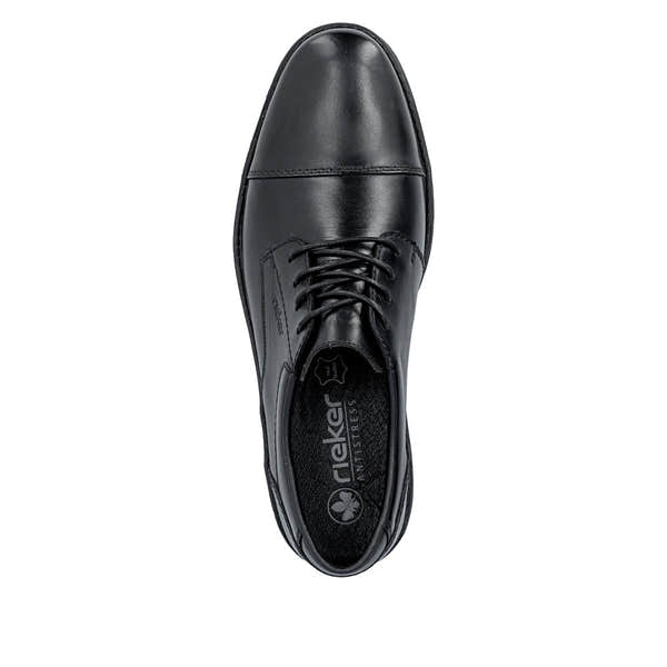 Rieker 13901-00 men's wide black leather lace up shoes, top view.