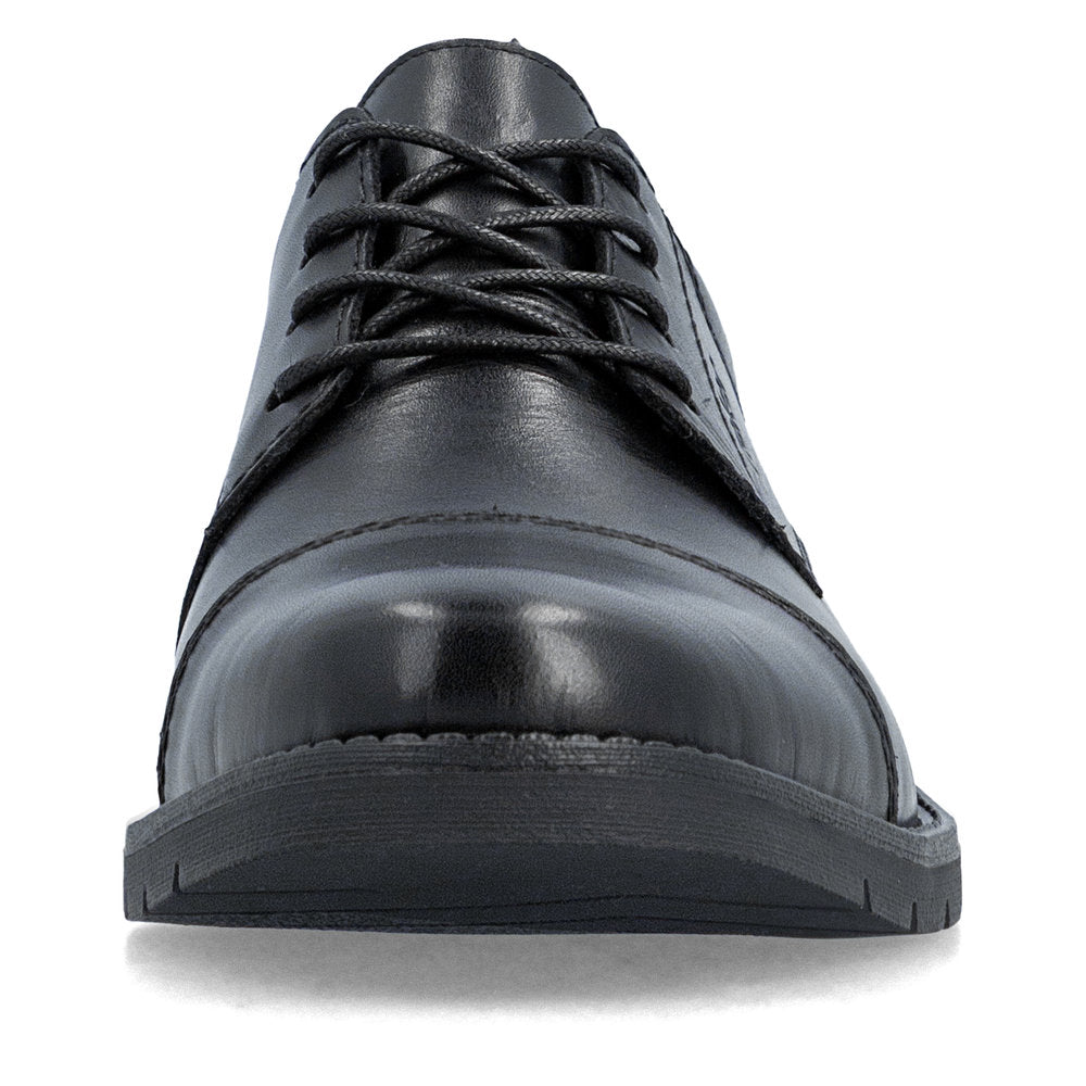 Rieker 13901-00 men's wide black leather lace up shoes, front view.