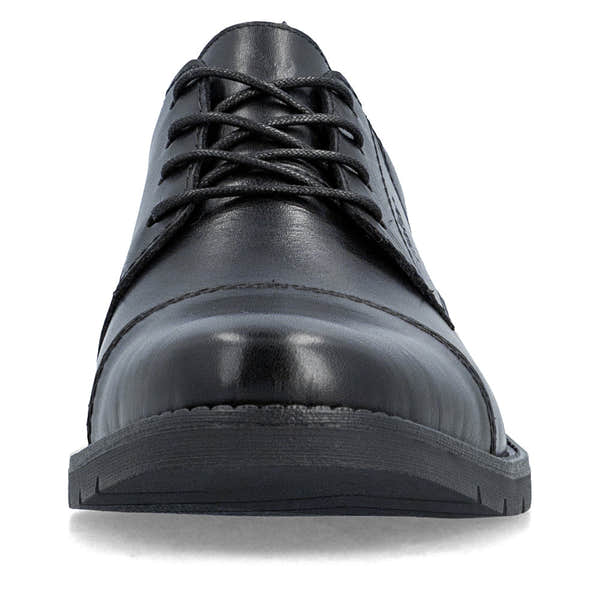 Rieker 13901-00 men's wide black leather lace up shoes, front view.