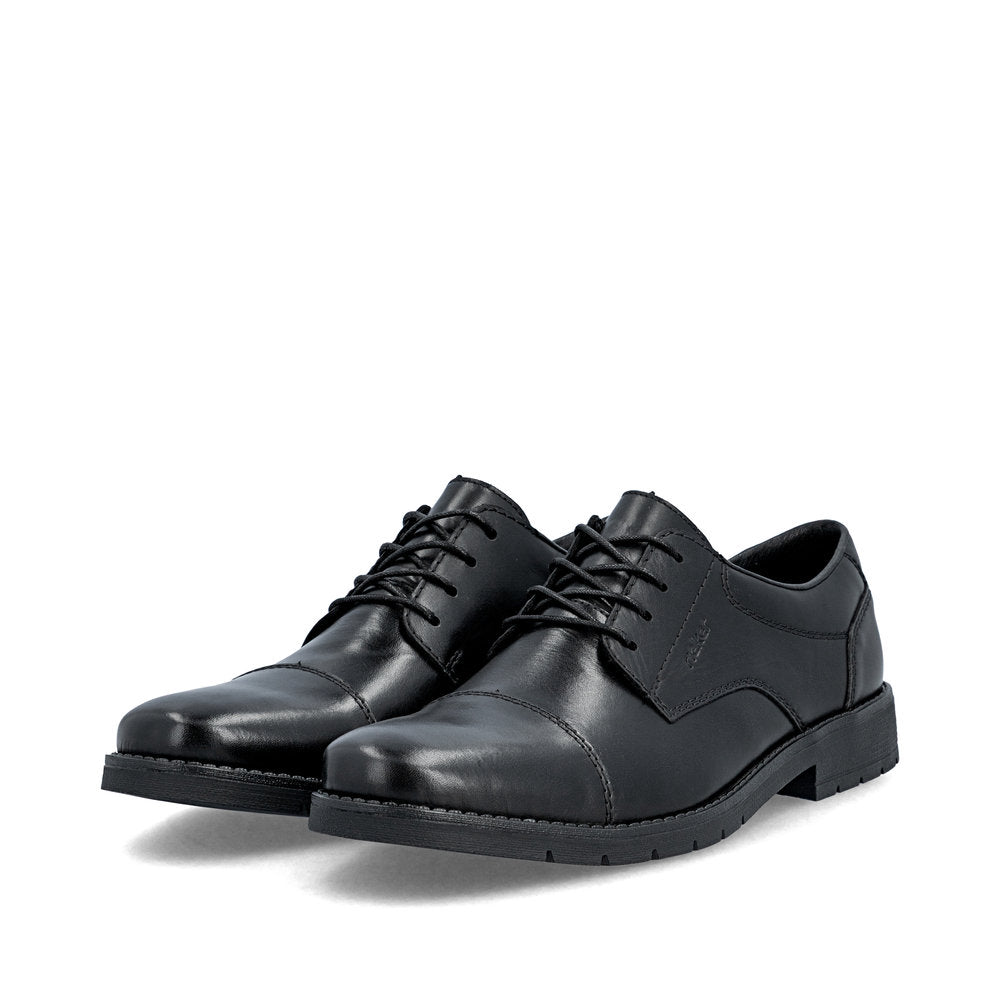 Rieker 13901-00 men's wide black leather lace up shoes, paired three-quarter view.