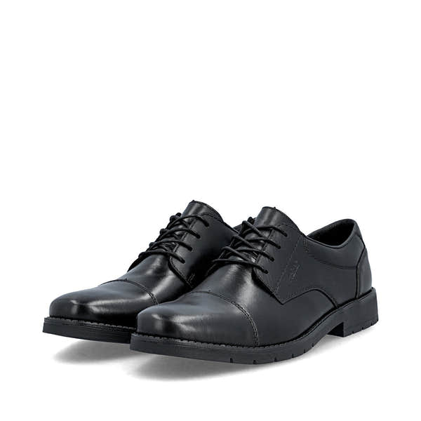 Rieker 13901-00 men's wide black leather lace up shoes, paired three-quarter view.