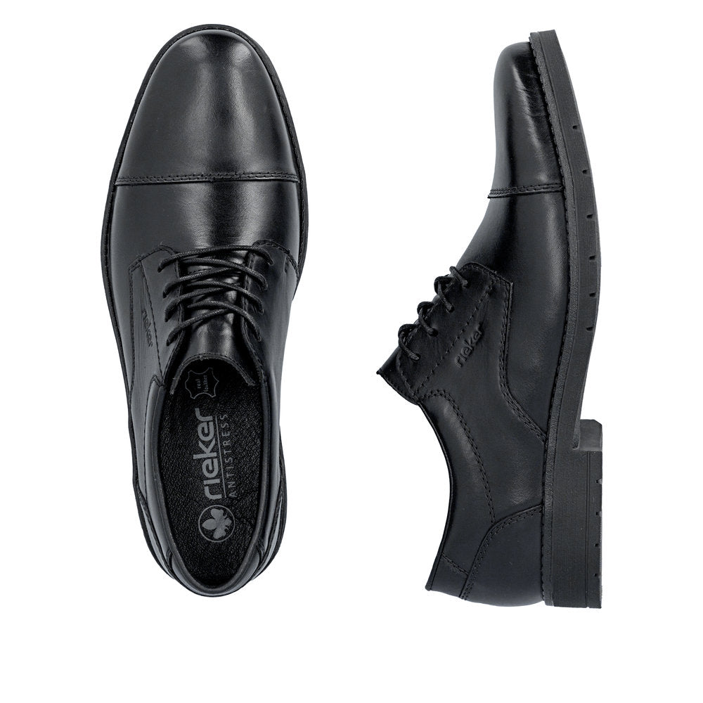 Rieker 13901-00 men's wide black leather lace up shoes, two-angle product view.