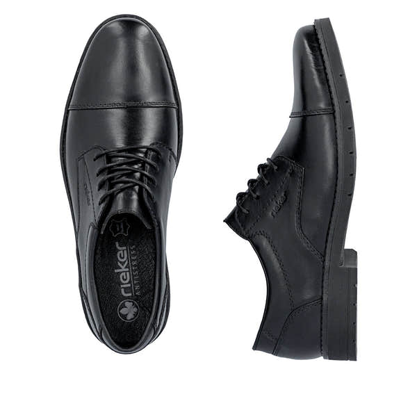 Rieker 13901-00 men's wide black leather lace up shoes, two-angle product view.