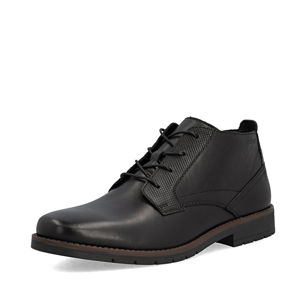 Rieker 13902-00 men's wide black leather zip & lace ankle boots, front three-quarter view.