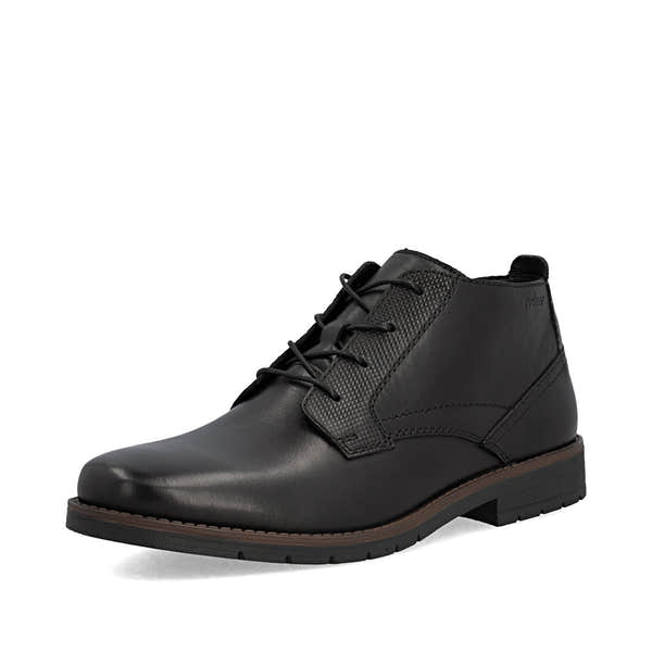 Rieker 13902-00 men's wide black leather zip & lace ankle boots, front three-quarter view.