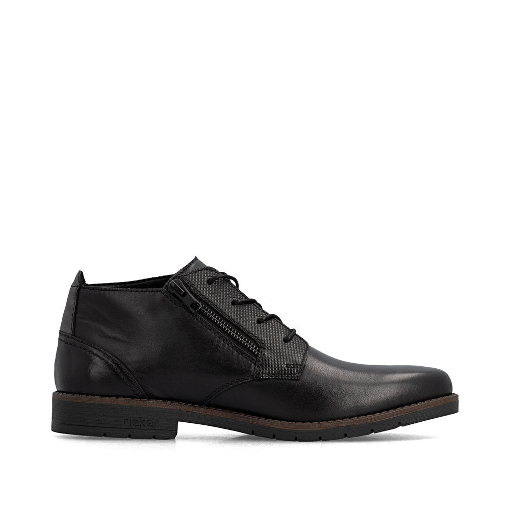 Rieker 13902-00 men's wide black leather zip & lace ankle boots, outer side view.