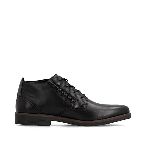 Rieker 13902-00 men's wide black leather zip & lace ankle boots, outer side view.