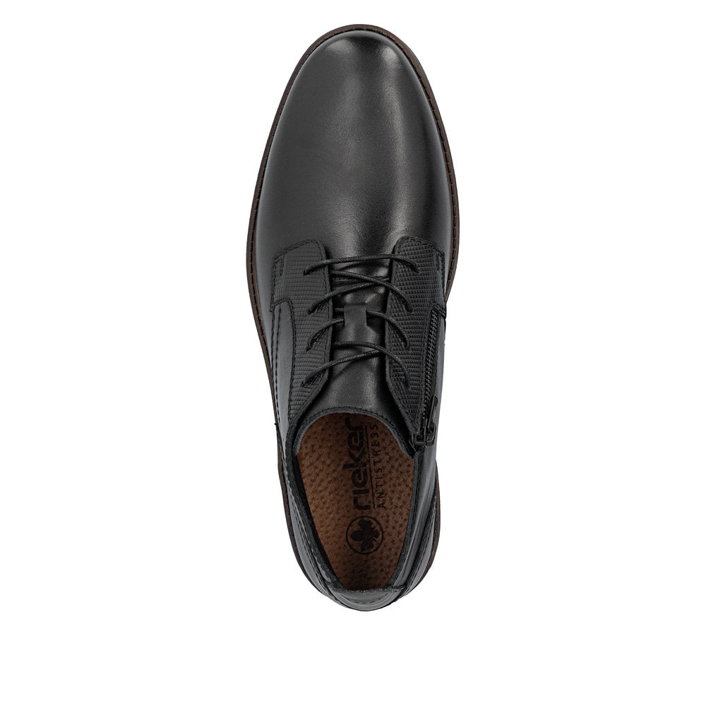 Rieker 13902-00 men's wide black leather zip & lace ankle boots, top view.
