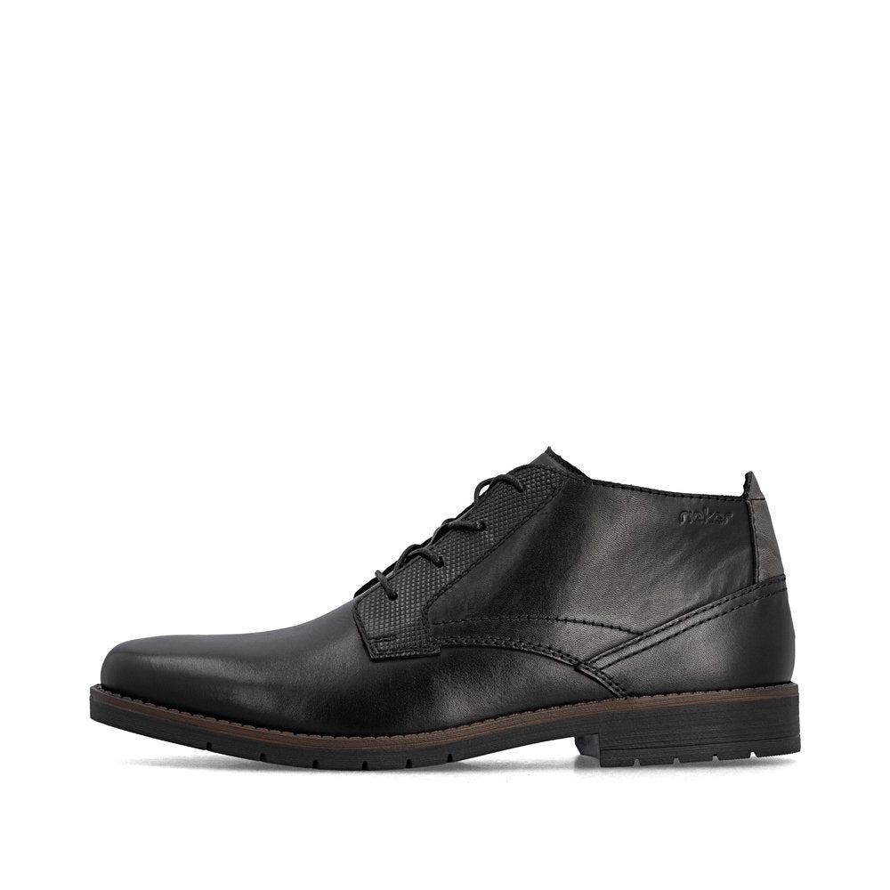 Rieker 13902-00 men's wide black leather zip & lace ankle boots, inner side view.