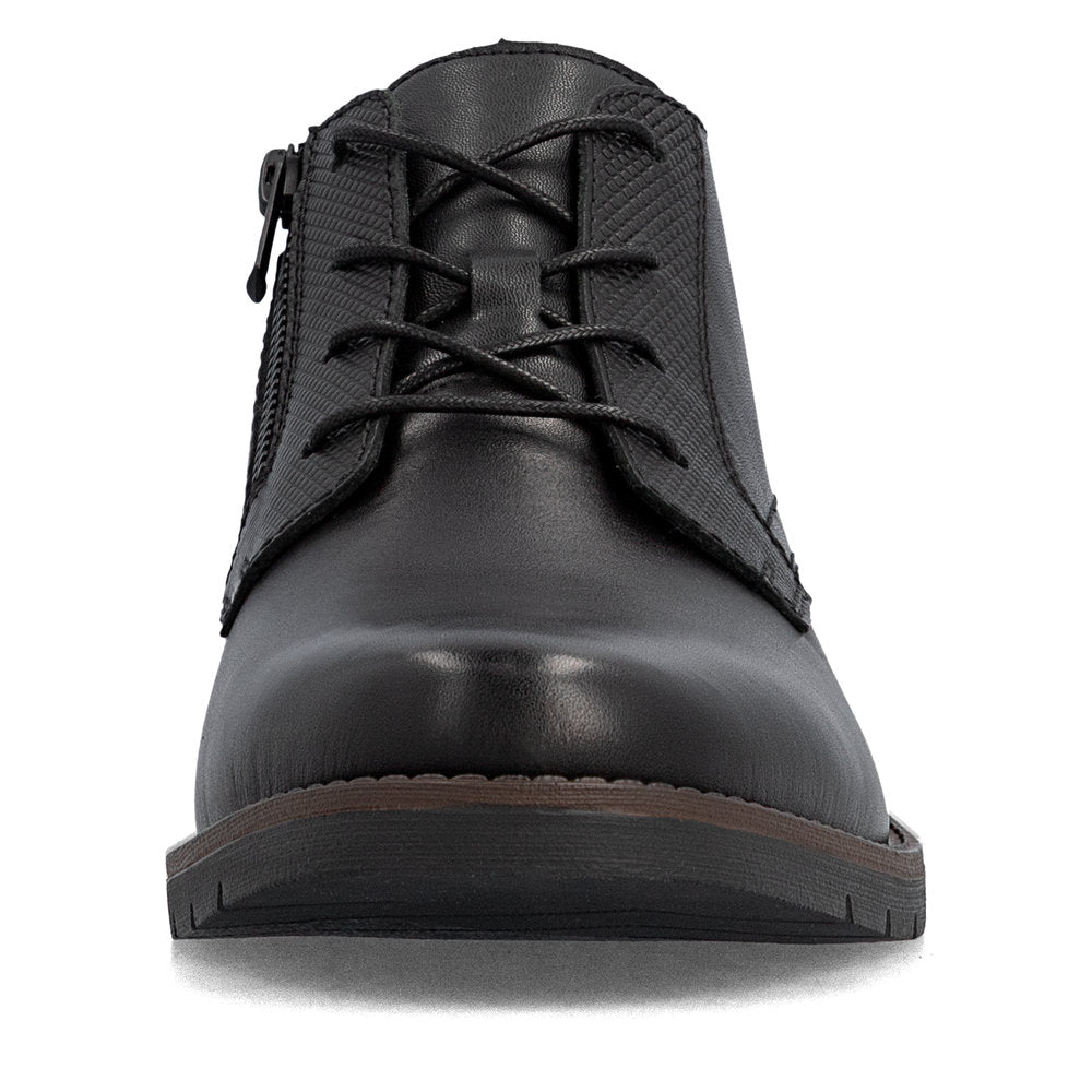 Rieker 13902-00 men's wide black leather zip & lace ankle boots, front view.