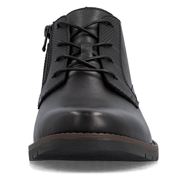 Rieker 13902-00 men's wide black leather zip & lace ankle boots, front view.