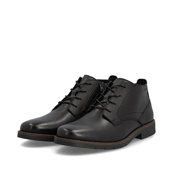 Rieker 13902-00 men's wide black leather zip & lace ankle boots, paired three-quarter view.