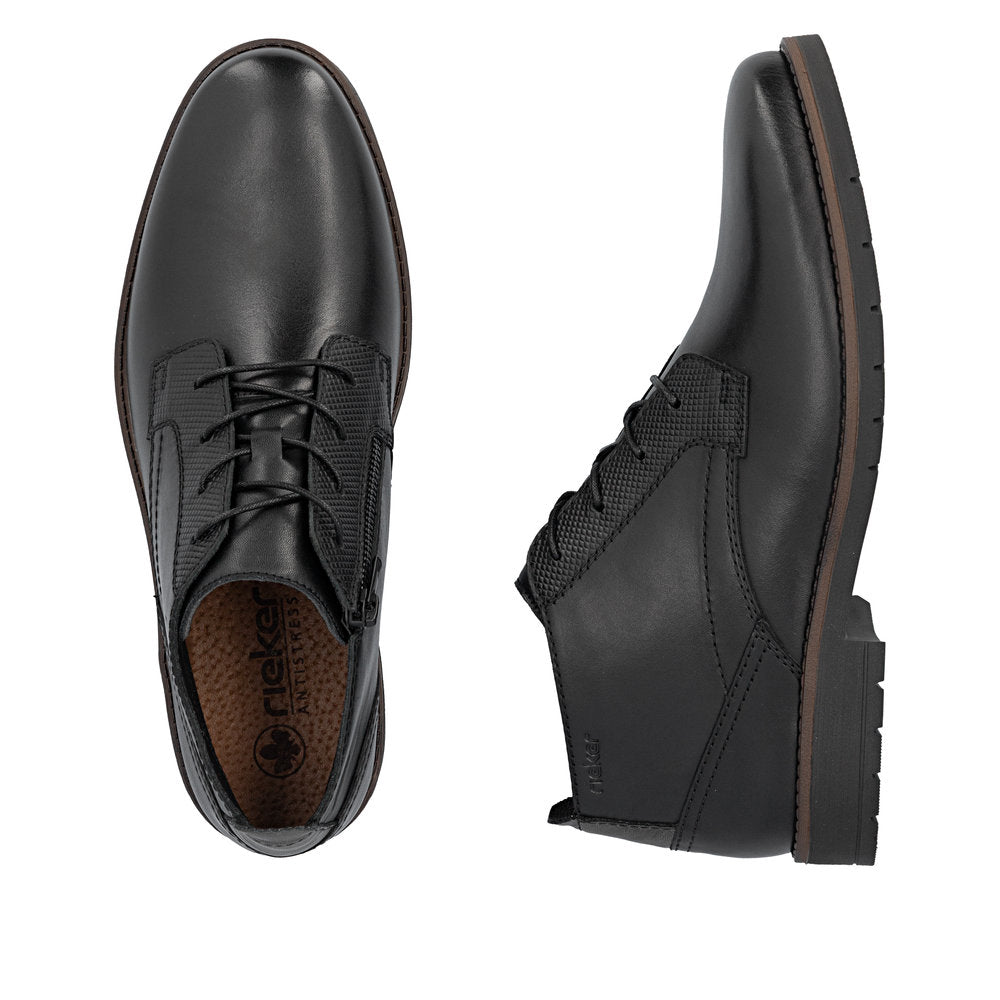 Rieker 13902-00 men's wide black leather zip & lace ankle boots, two-angle product view.