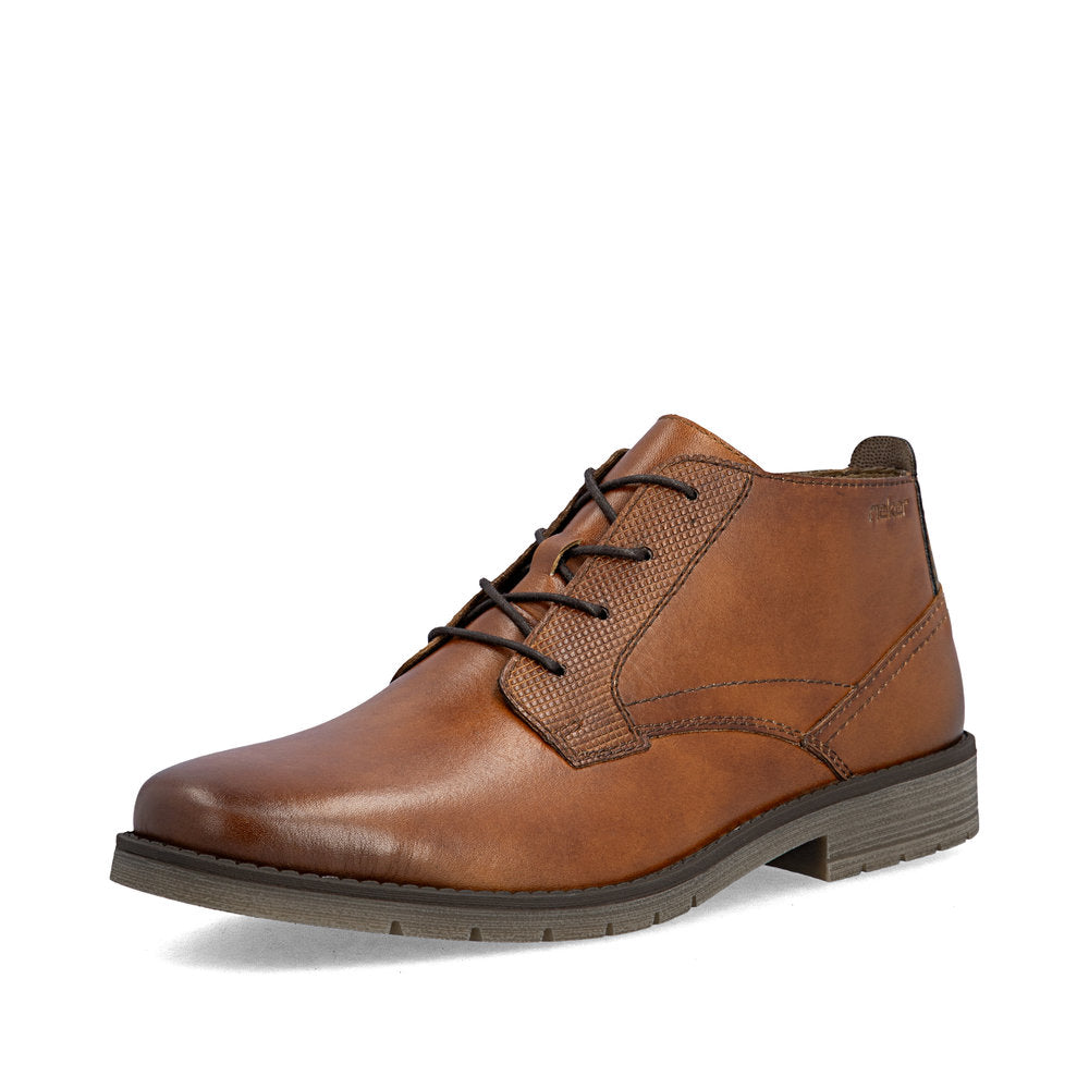 Rieker 13902-24 men's wide brown leather lace up ankle boots, front three-quarter view.