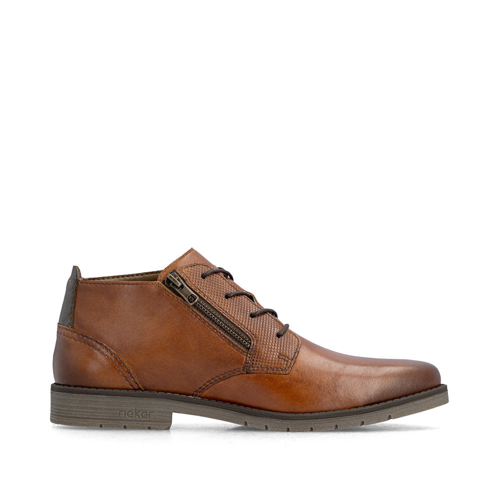 Rieker 13902-24 men's wide brown leather lace up ankle boots, outer side view.