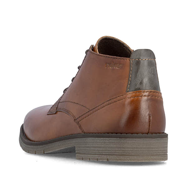 Rieker 13902-24 men's wide brown leather lace up ankle boots, rear three-quarter view.