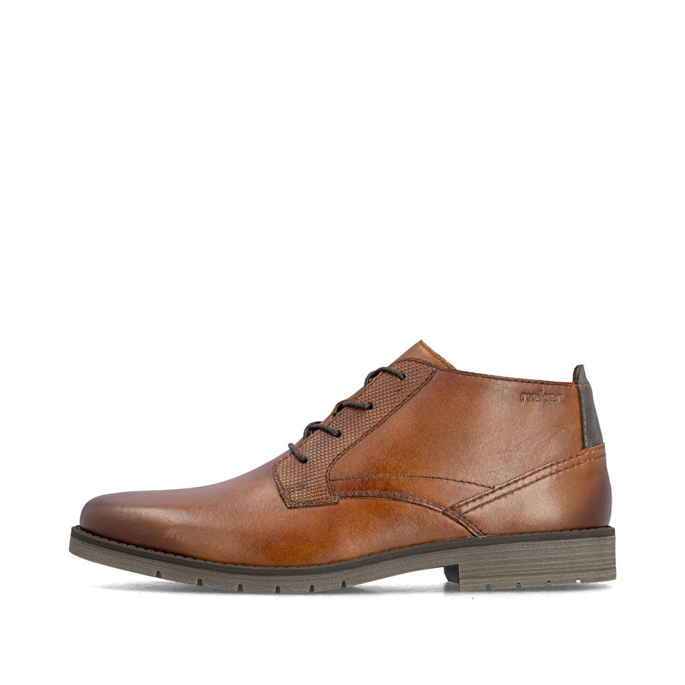Rieker 13902-24 men's wide brown leather lace up ankle boots, inner side view.