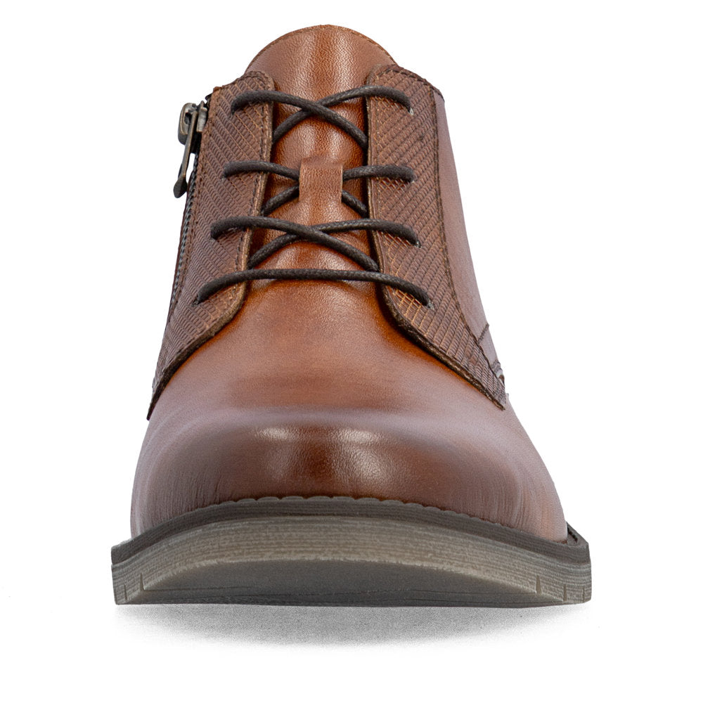 Rieker 13902-24 men's wide brown leather lace up ankle boots, front view.