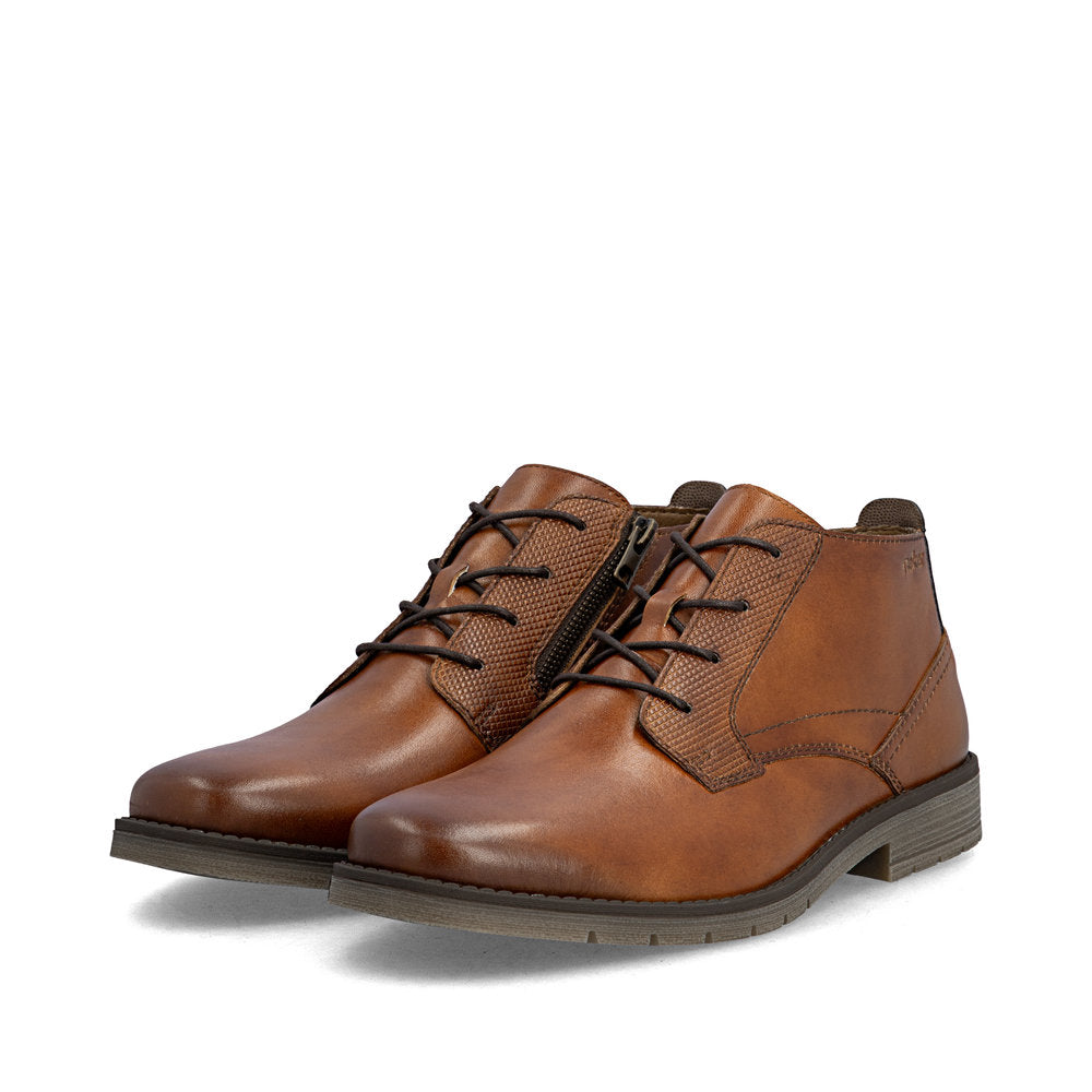 Rieker 13902-24 men's wide brown leather lace up ankle boots, paired three-quarter view.