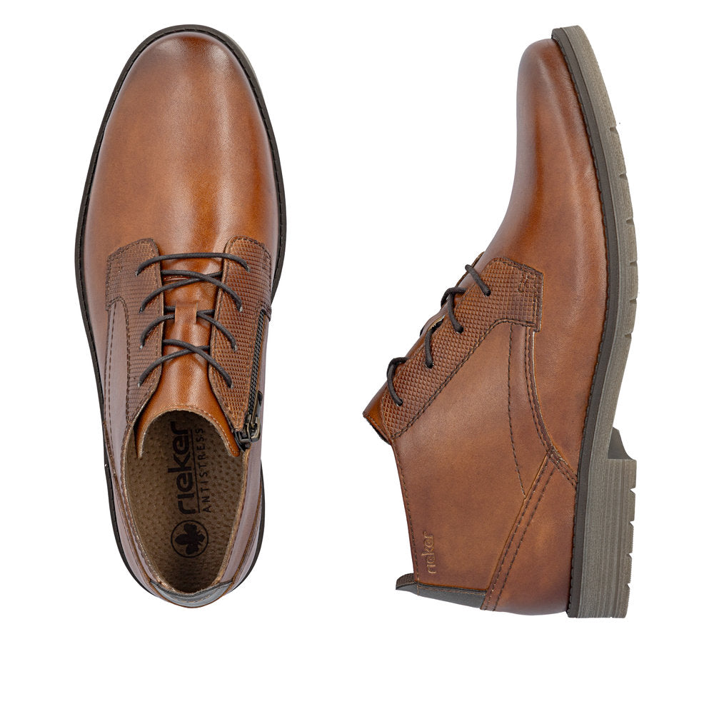 Rieker 13902-24 men's wide brown leather lace up ankle boots, two-angle product view.