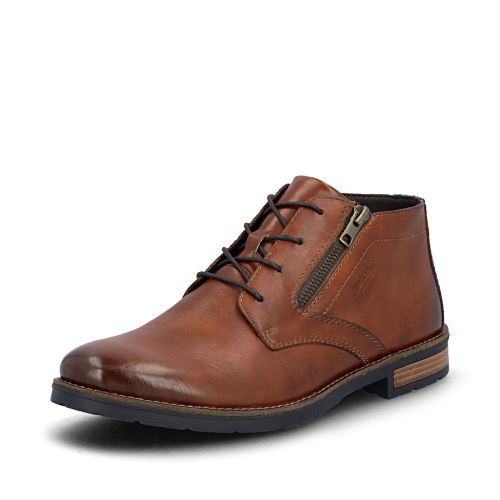Rieker 14609-24 men's brown leather zip & lace chukka boots, front three-quarter view.